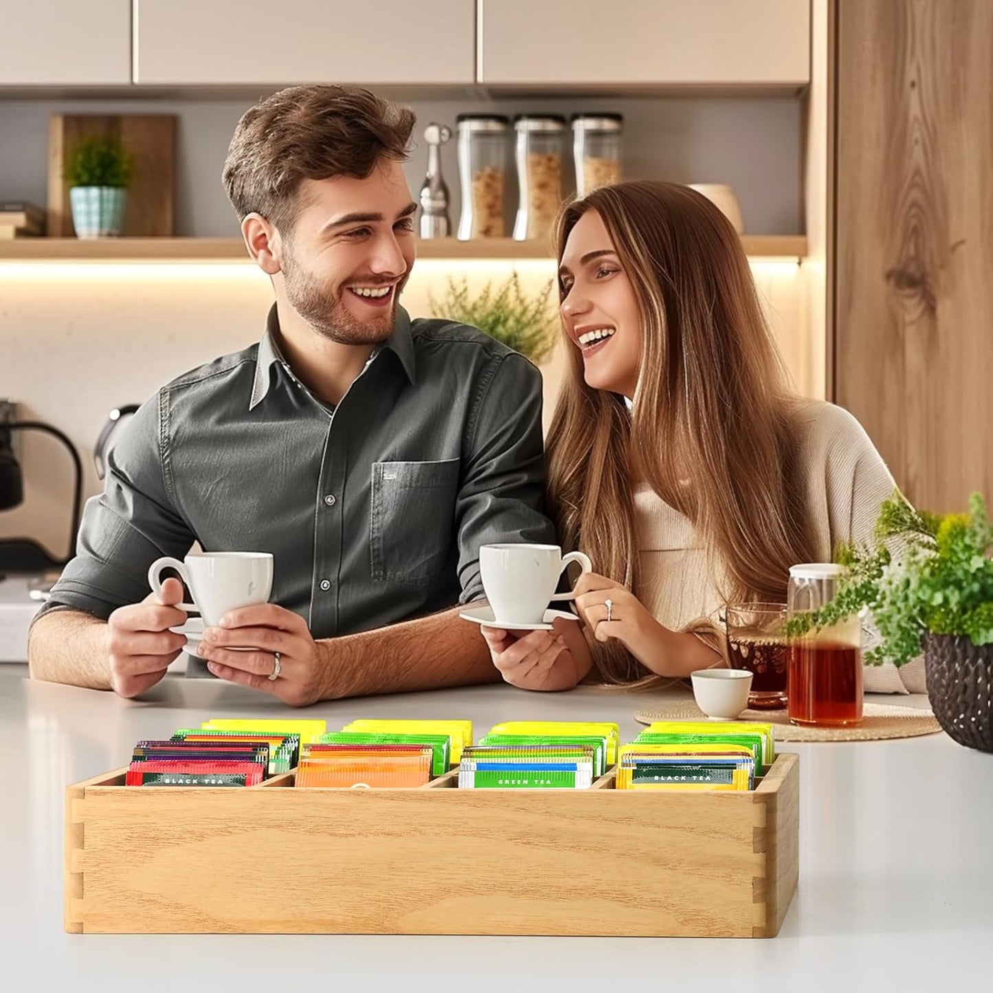 KIRIGEN Wood Tea Organizer 12 Compartments Tea Bag Holder Wooden Coffee Storage Box for Home and Office CYH12-NA