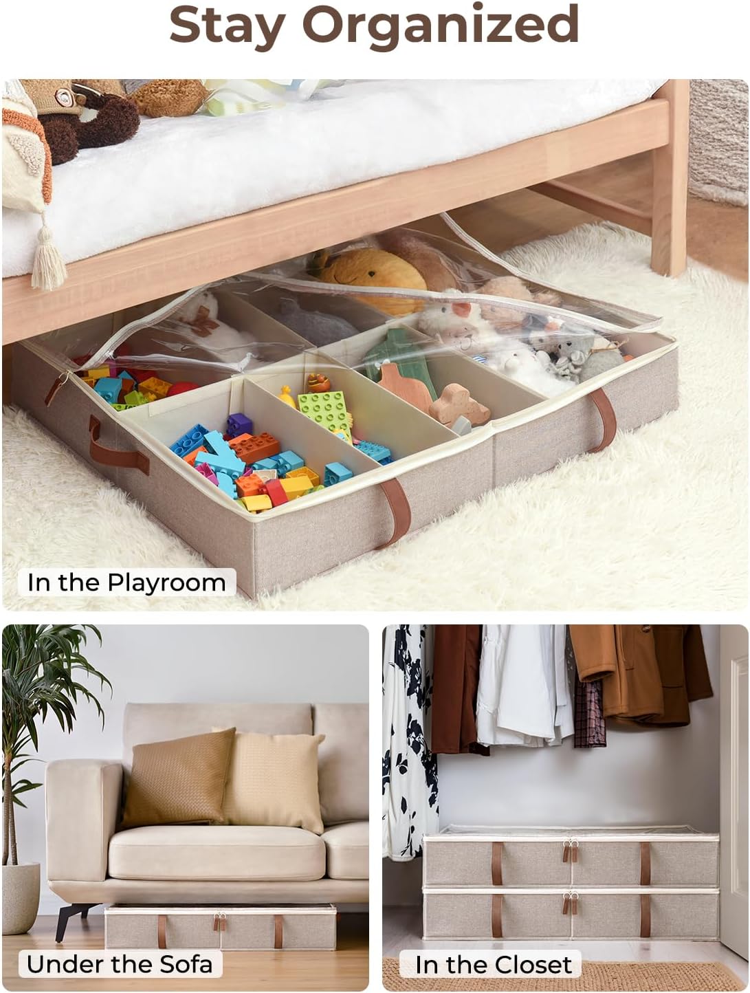 StorageWorks Shoe Organizer Under Bed for Closet, 2-Pack Ultra-thick Fabric Shoe Storage Containers with Bottom Support and Adjustable Dividers, Fits up to 24 Pairs, Brown