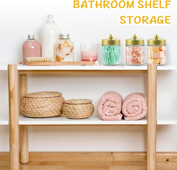 2 Pack Glass Apothecary Jars with Lids for Bathroom, Cute Qtip Holder, Gold Bathroom Accessories Set, Small Bathroom Canisters with Lids for Q-Tips, Cotton Swabs, Gold Bathhouses Decor