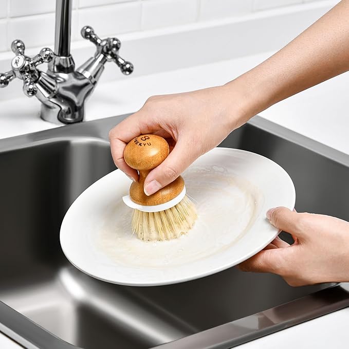 SUBEKYU Dish Brush, Bamboo Dish Scrubber Brush Set with Tray, Natural Kitchen Dishwashing Scrub Brush for Cleaning Dishes/Pans/Pots, Built-in Scraper, Natural Sisal + Palm Bristles, Set of 2