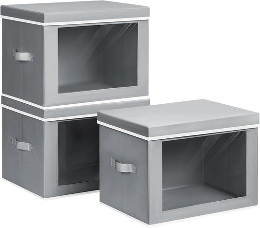 Storage Bins with Lids, 3 Pack Large Storage Cubes with Window, Closet Bins with Lids & Handles, Fabric Box for Organizing Clothes, Towels, Books, Grey