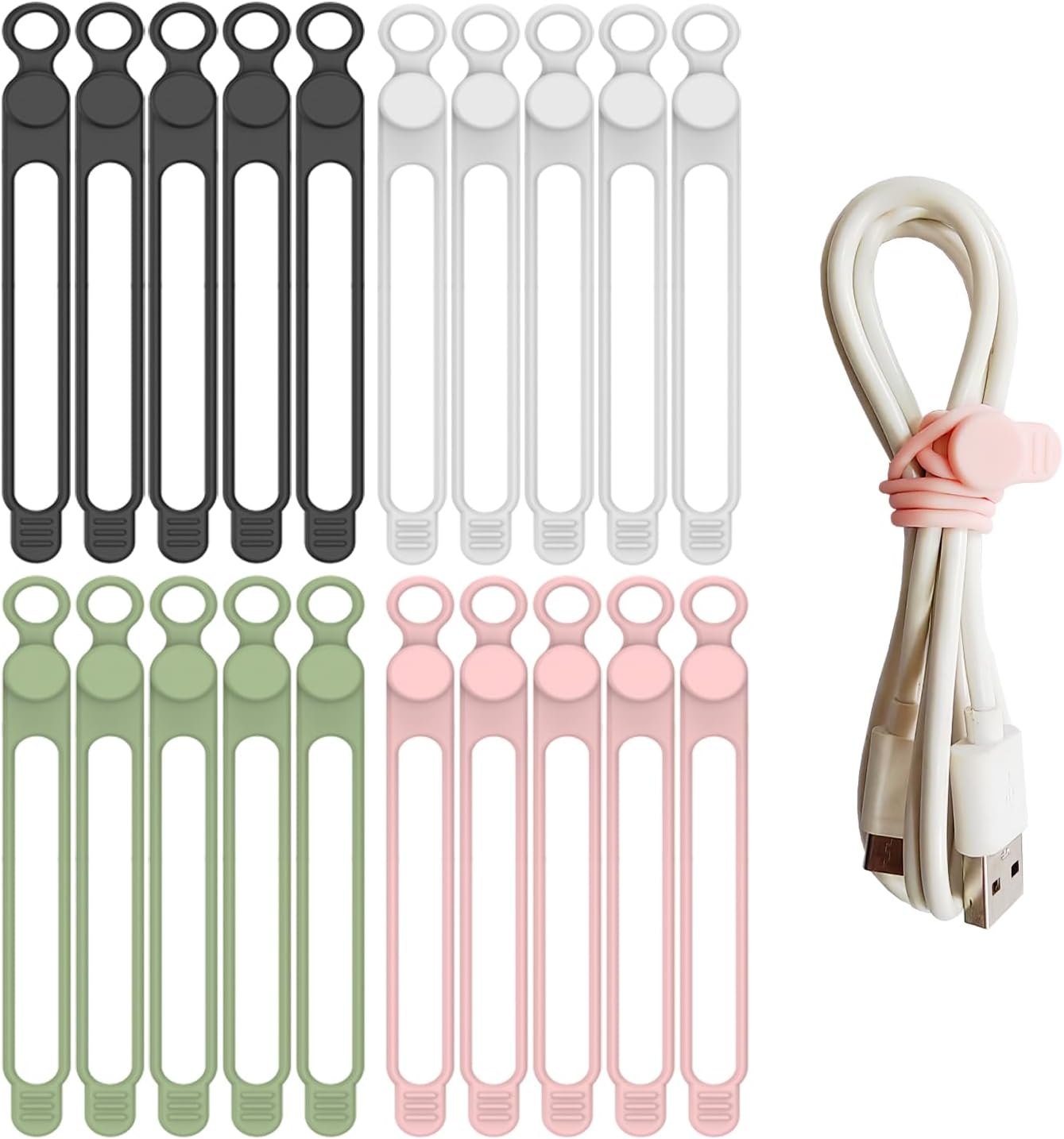 20Pcs Silicone Cable Ties Reusable, Silicone Cord Ties, Rubber Cable Ties,Silicone Cable Organizer for Bundling and Fastening Cable Cords Wires(20Pcs-[Black, White, Pink,Green], 4.2Inch)