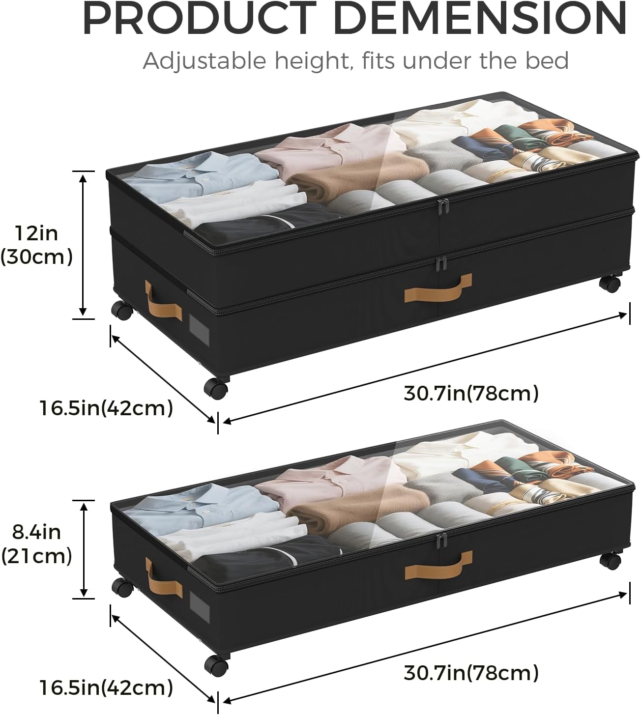 Under Bed Storage with Wheels 2-Pack, 75L XXL Under the Bed Storage Containers Large, 12" Tall Adjustable Storage for Underbed with Lids, Rolling for Shoes, Clothes, Blankets (Black)