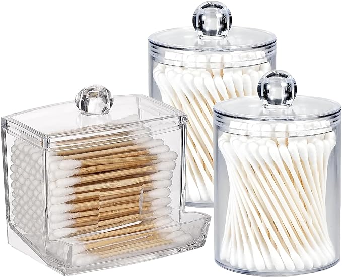 AXX Qtip Dispenser Apothecary Jars Bathroom - Qtip Holder Storage Canister Clear Plastic Jar for Cotton Swab,Q-Tips,Cotton Rounds (C#Clear 3Pcs)