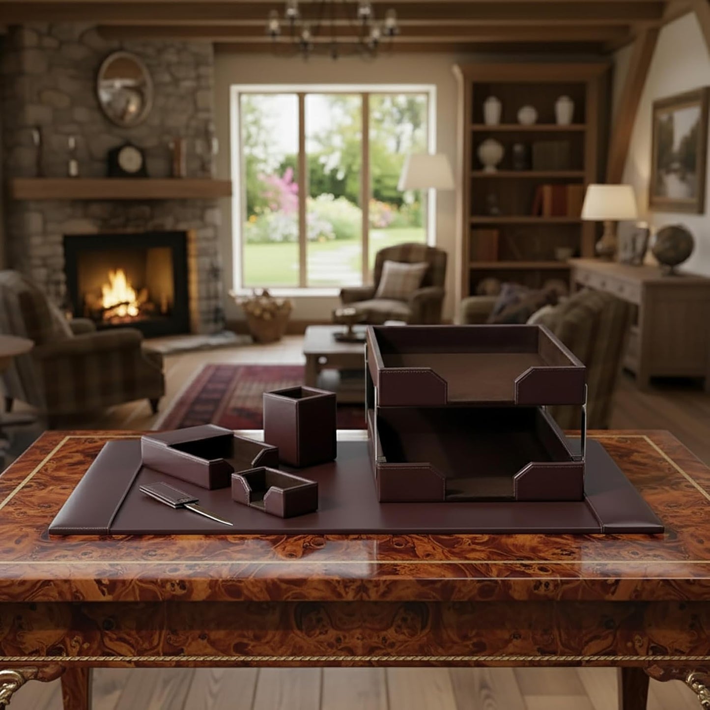 Dacasso Bonded Leather Desk Set - Luxury Leather Desk Pad & Desk Organization Essentials - Office Organization & Executive Desk Decor - (Dark Brown, 8 Piece)