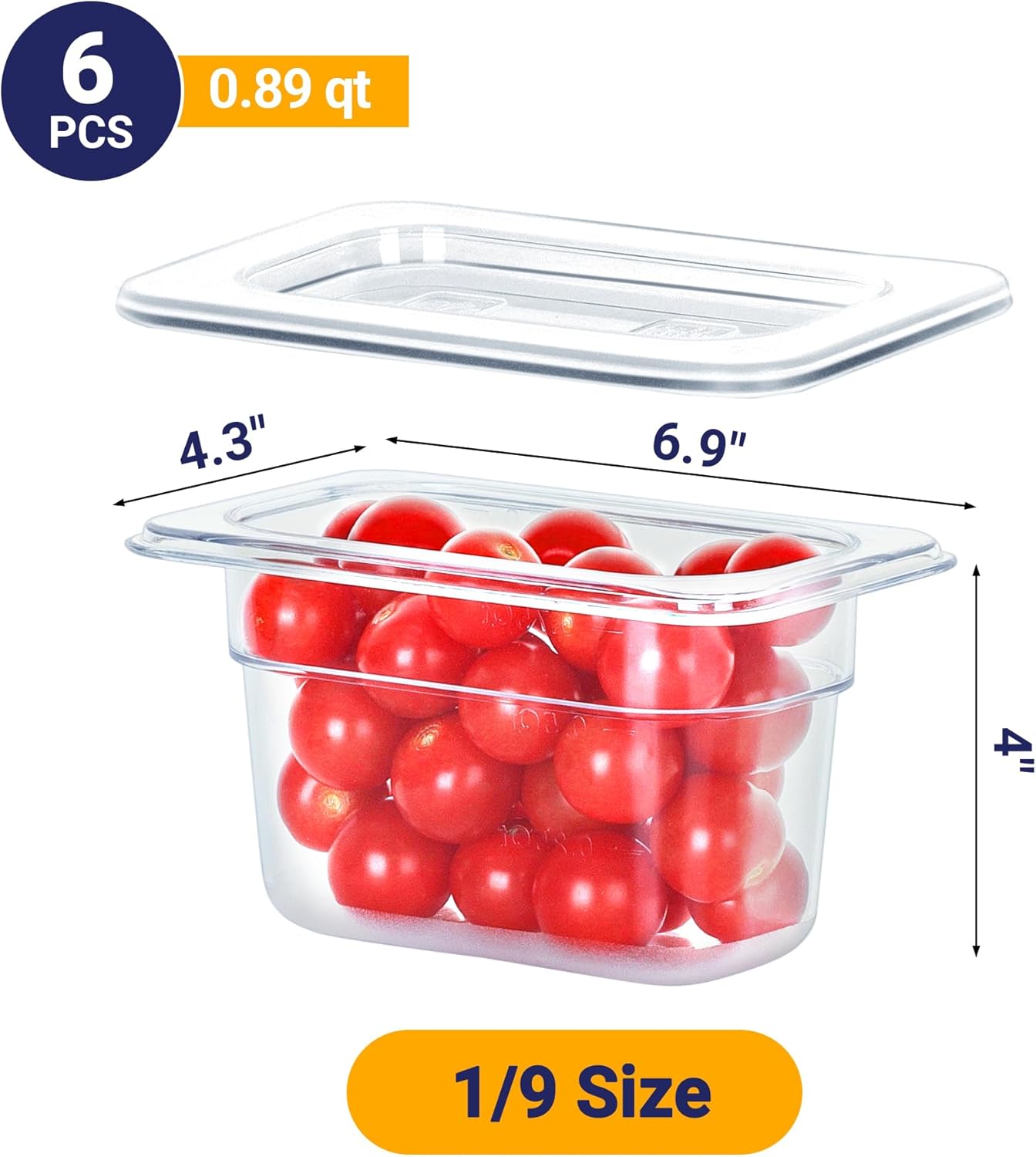 6 Pack NSF Food Pans with Lids, 1/9 Size 4'' Deep Commercial Food Storage Containers, Polycarbonate, Clear