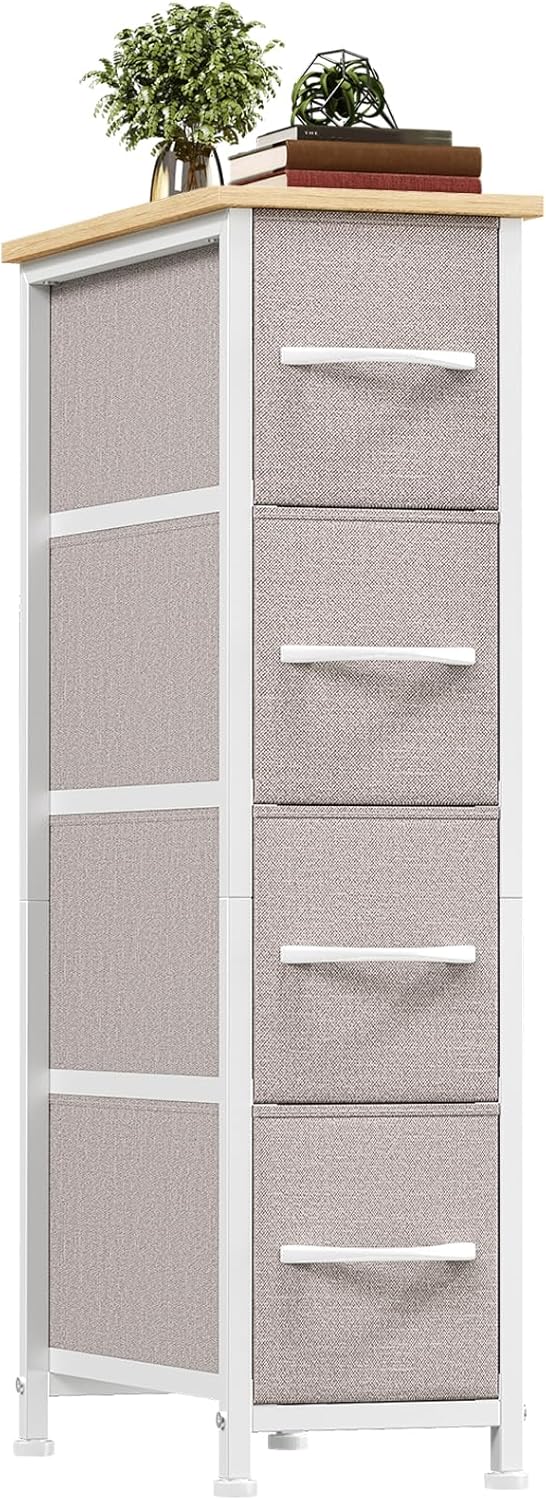 Somdot Narrow Dresser with 4 Drawers, Slim Storage Organizer Chest of Drawers with Removable Fabric Drawers for Small Spaces Bathroom Closet Bedroom Laundry, Ash Grey