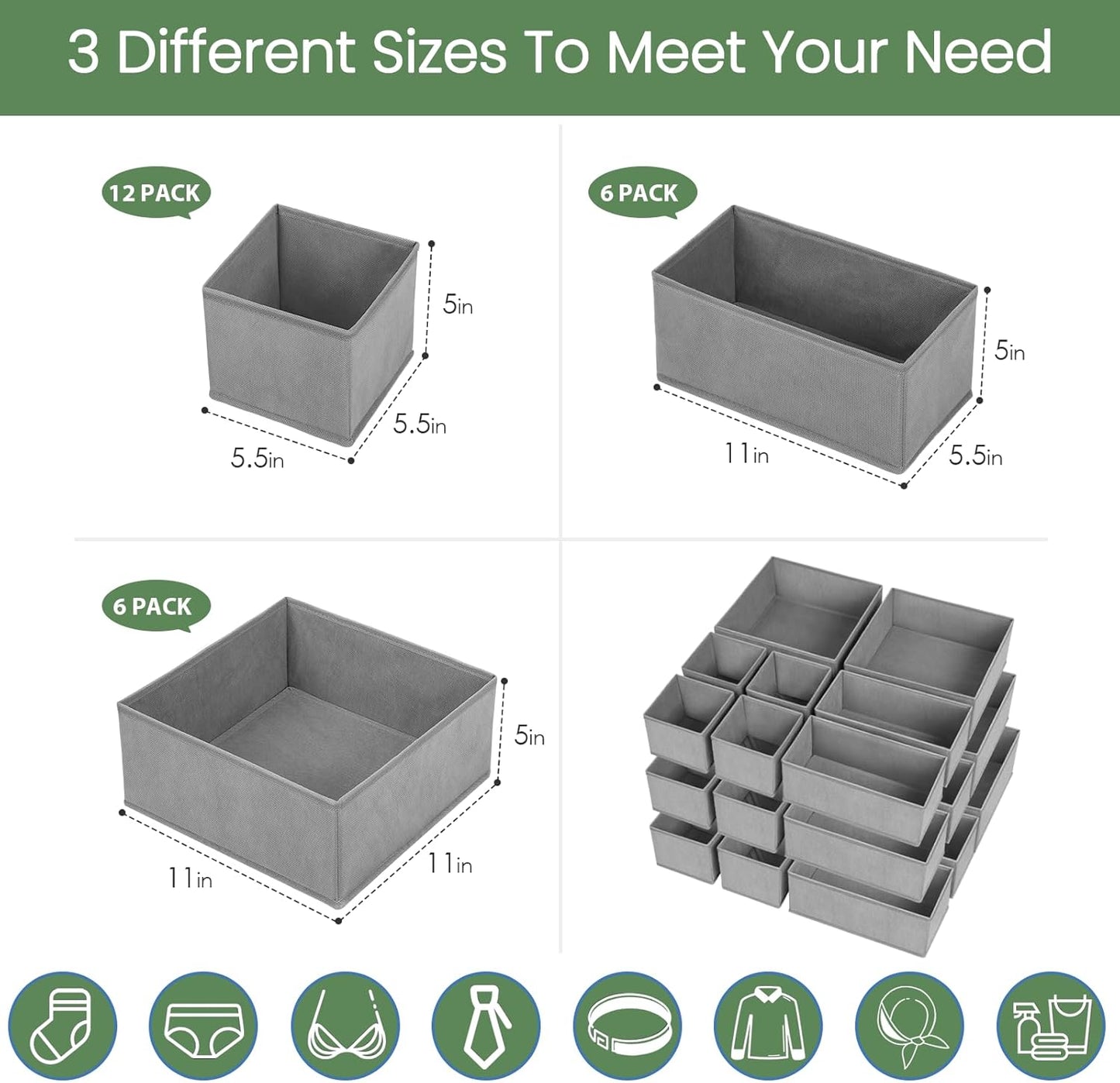 Criusia Drawer Organizer Clothes, 24 Pack Underwear Drawer Organizers, Foldable Closet Organizers and Storage Dresser Drawer Dividers Clothing Organizer for Clothes, Socks, Scarves, Bra, Ties (Grey)