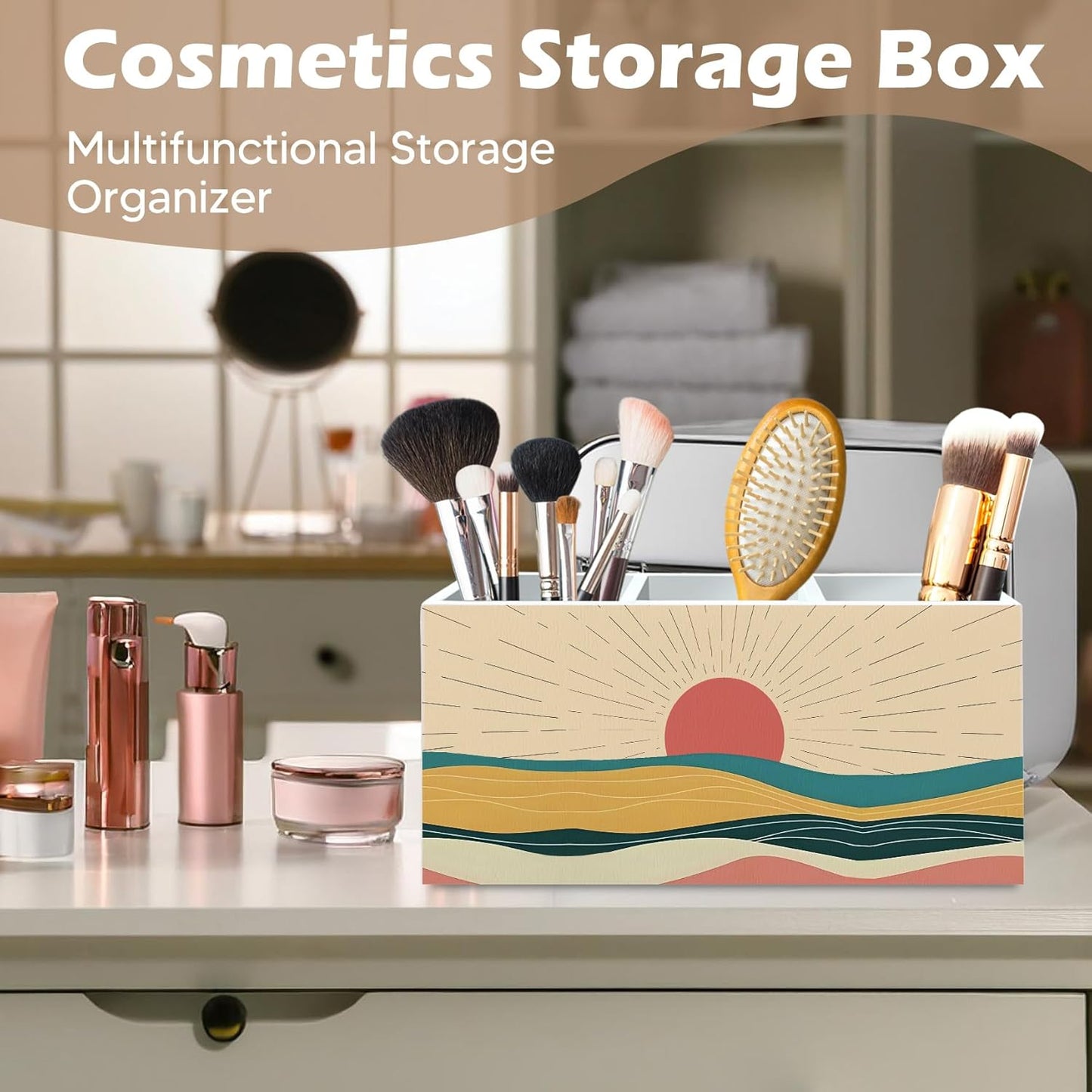 DILSJ Boho Abstract Sunshine Pen Pencil Holder Organizer for Desk, Boho Office Decor, Mid Century Modern Minimalist Sunshine Landscape Wooden Box Signs for Home Office Desk Tabletop Decoration