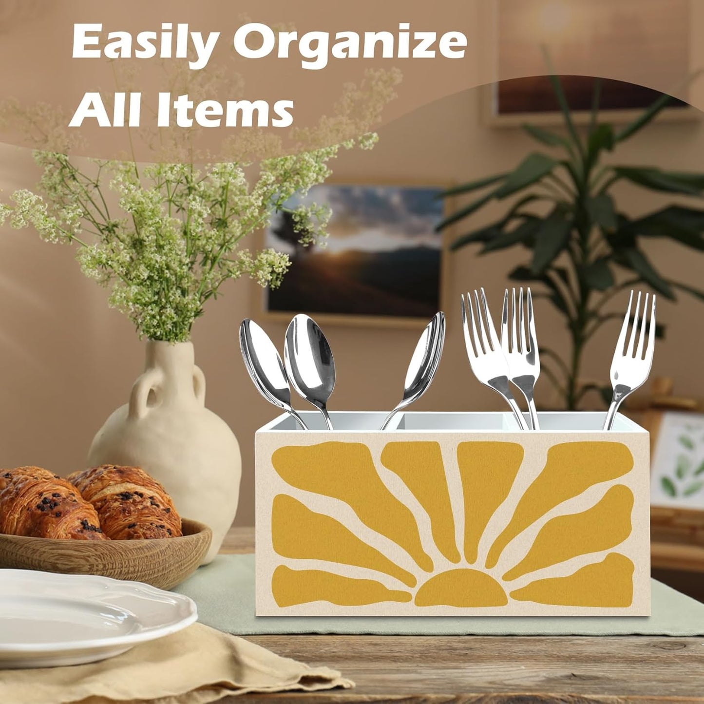 DILSJ Boho Abstract Sunshine Pen Pencil Holder Organizer for Desk, Boho Office Decor, Groovy Retro Abstract Sunshine Wooden Box Signs for Home Office Desk Tabletop Decoration