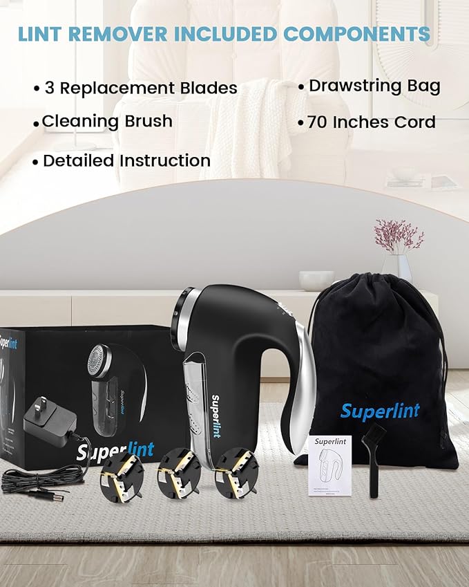 SUPER LINT Best Rated Electric Sweater Shaver Best Fuzz Pill Bobble Remover for Fabric Fleece Curtains Clothes, Black & Silver