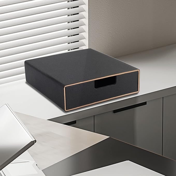 Stackable Organizer Drawer PU Leather Classic Handmade,Organize Home Office Desk Accessories and Sort Letter-Size Paper/a4 Document,Desk Caddy with Drawers Storage Box ,13.1x10x3.7inches,Black