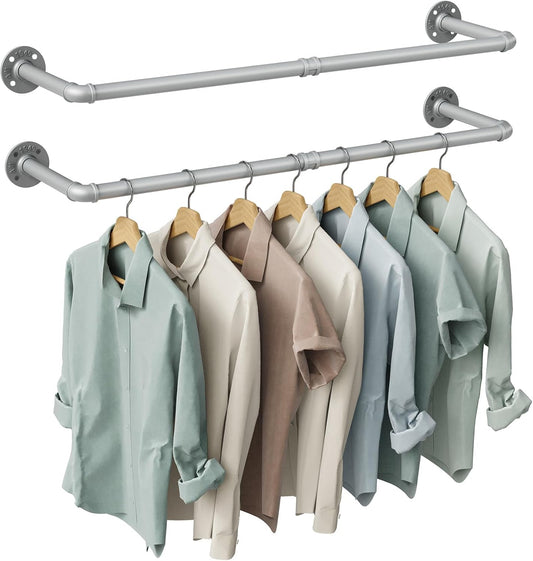 OROPY Industrial Pipe Clothes Rack Wall Mounted Set of 2, 38.4 inches Heavy Duty Iron Pipe Clothing Garment Rail, Multi-Purpose Clothing Hanging Rod for Laundry Room and Closet Storage, Silver Gray