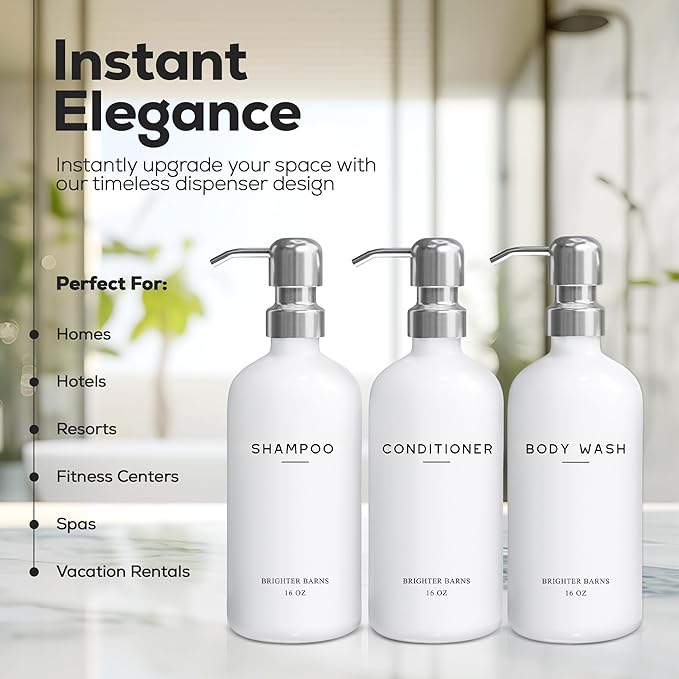 White Shampoo and Conditioner Dispenser Set by Brighter Barns - Shower Dispenser for Bathroom - Refillable Plastic Shampoo Bottle & Stainless Steel Pump - Shampoo Dispenser for Vacation Rental (White)