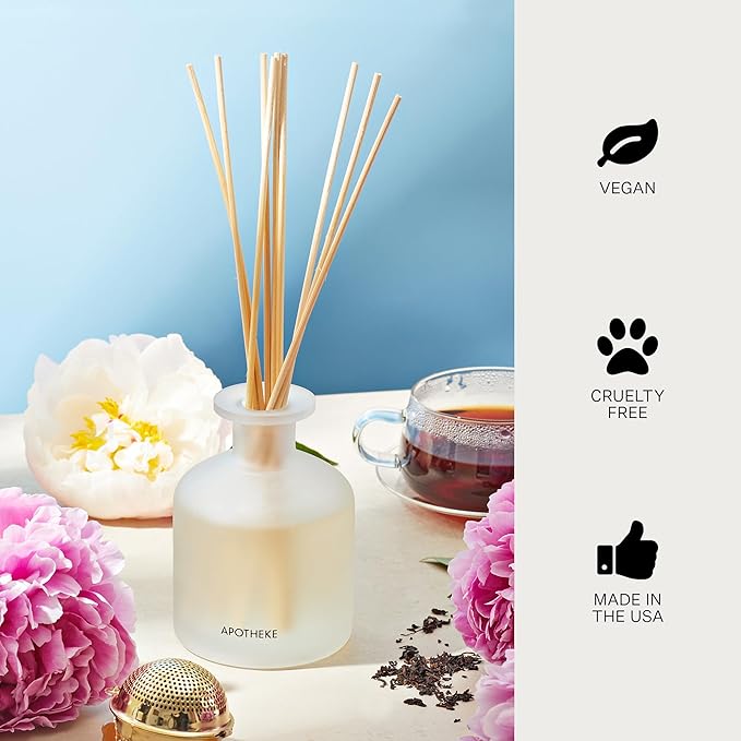 Apotheke Luxury Scented Reed Diffuser for Home, Earl Grey Bitters - 6.7 Fl Oz Essential Oil Aromatherapy - 10 Rattan Scent Sticks Room Diffuser - Long-Lasting Fragrance for Bedroom, Home, Bathroom
