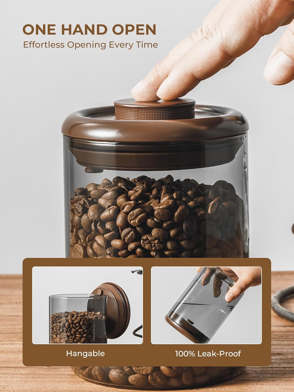 Borosilicate Glass Air Tight Coffee Grounds Container 600 ml – Pop Top Coffee Canister with One-Way CO₂ Valve, 7 oz Coffee Storage Container, UV Protection