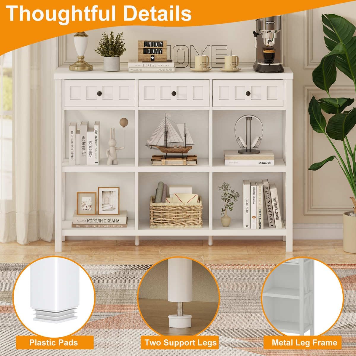 FATORRI 6 Cube Storage Bookshelf with 3 Drawers, Long Horizontal Bookcase, Modern Cubby Organizer Shelf (White Oak, 47 Inch)