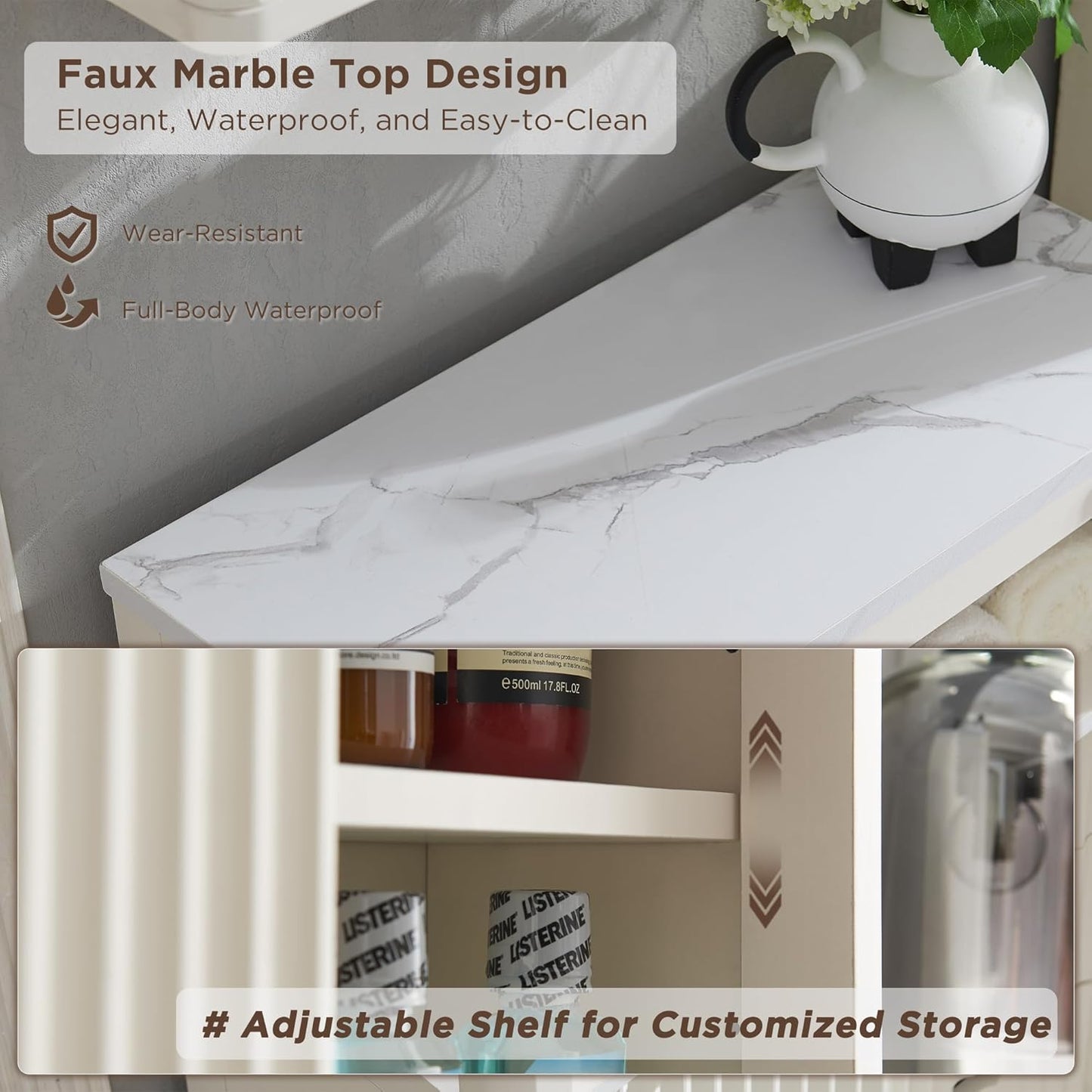 RedLemon Bathroom Wall Cabinet w/Fluted Sliding Door, Modern Medicine Cabinet w/Faux Marble Top & Adjustable Shelf, Curved Profile Wall Mounted Storage Organizer, Off White