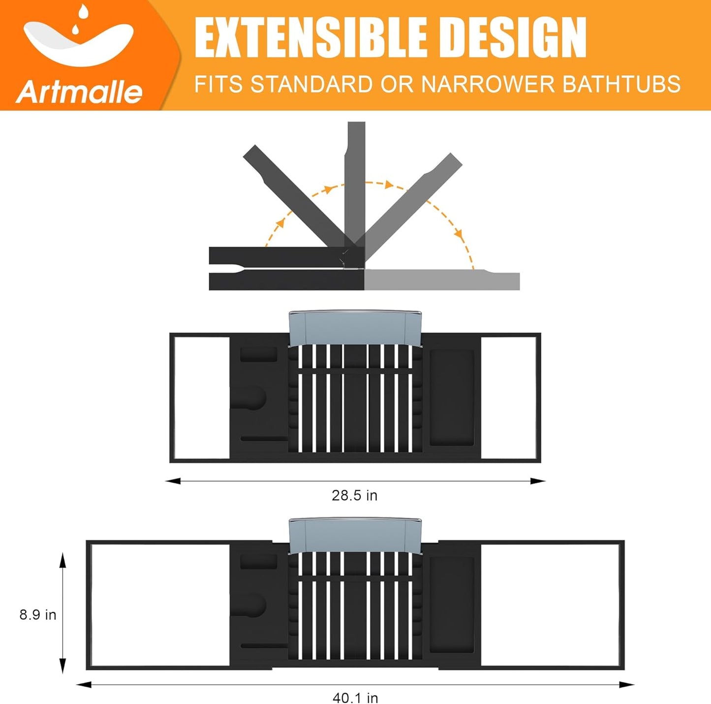 Luxury Bathtub Caddy Tray for Tub - Foldable Bamboo Bath Table Tray with Book and Wine Glass Holder, Expandable Bathroom Accessories for Spa or Reading Lite Style,Black