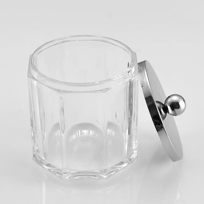 Clear Transparent Apothecary Octagional Shaped Glass Canister Jar With Silver/Chrome Metal Lid Cover for Bathroom Organization, Cotton Balls, Q Tips, and Small Accessories, Bath Storage