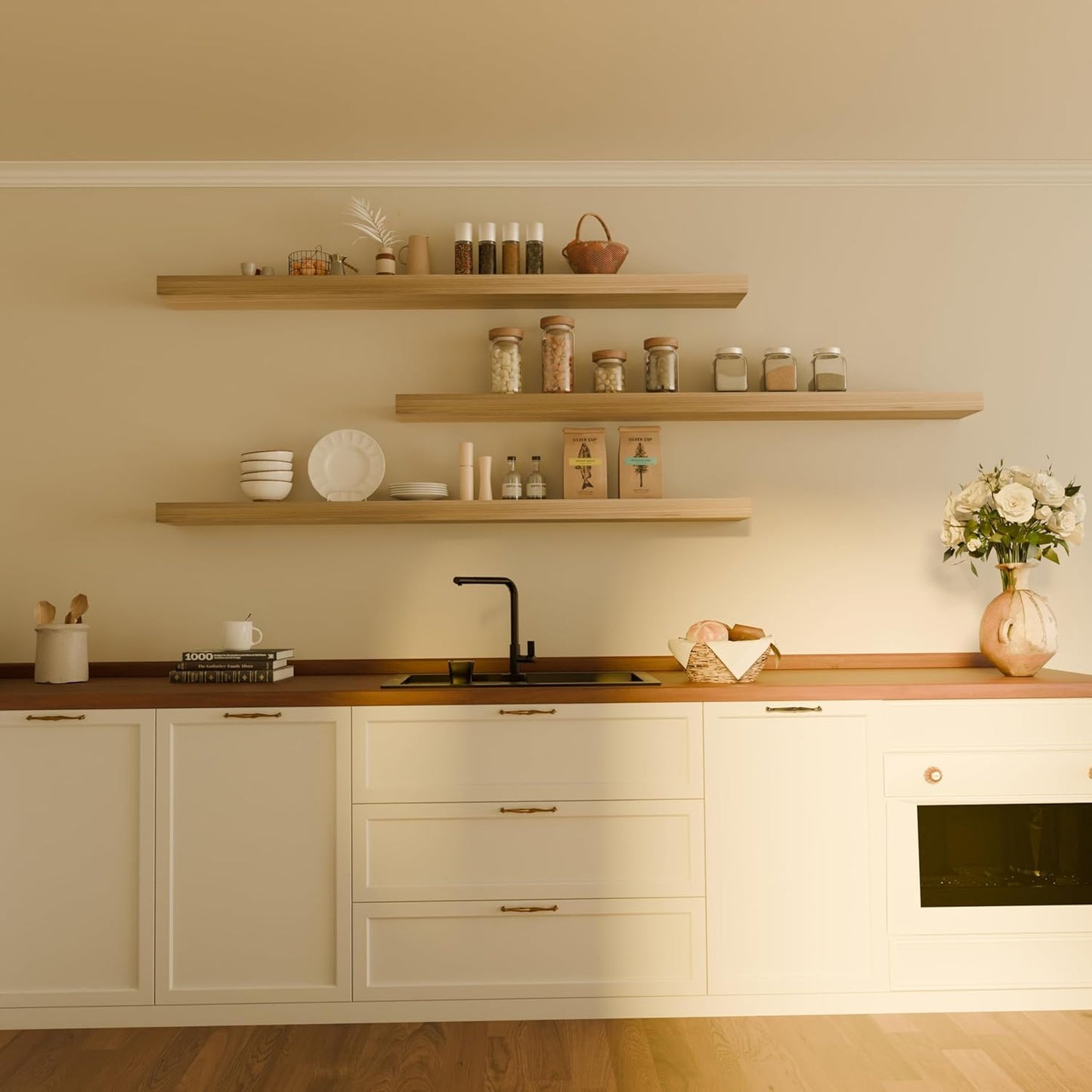 Floating Shelves for Wall, 72 Inch Extra Long Brown Wall Shelves, Set of 3, Hanging Invisible Brackets Floating Shelves for Living Room,Bedroom,and Kitchen (Light Brown, 3T72IN)