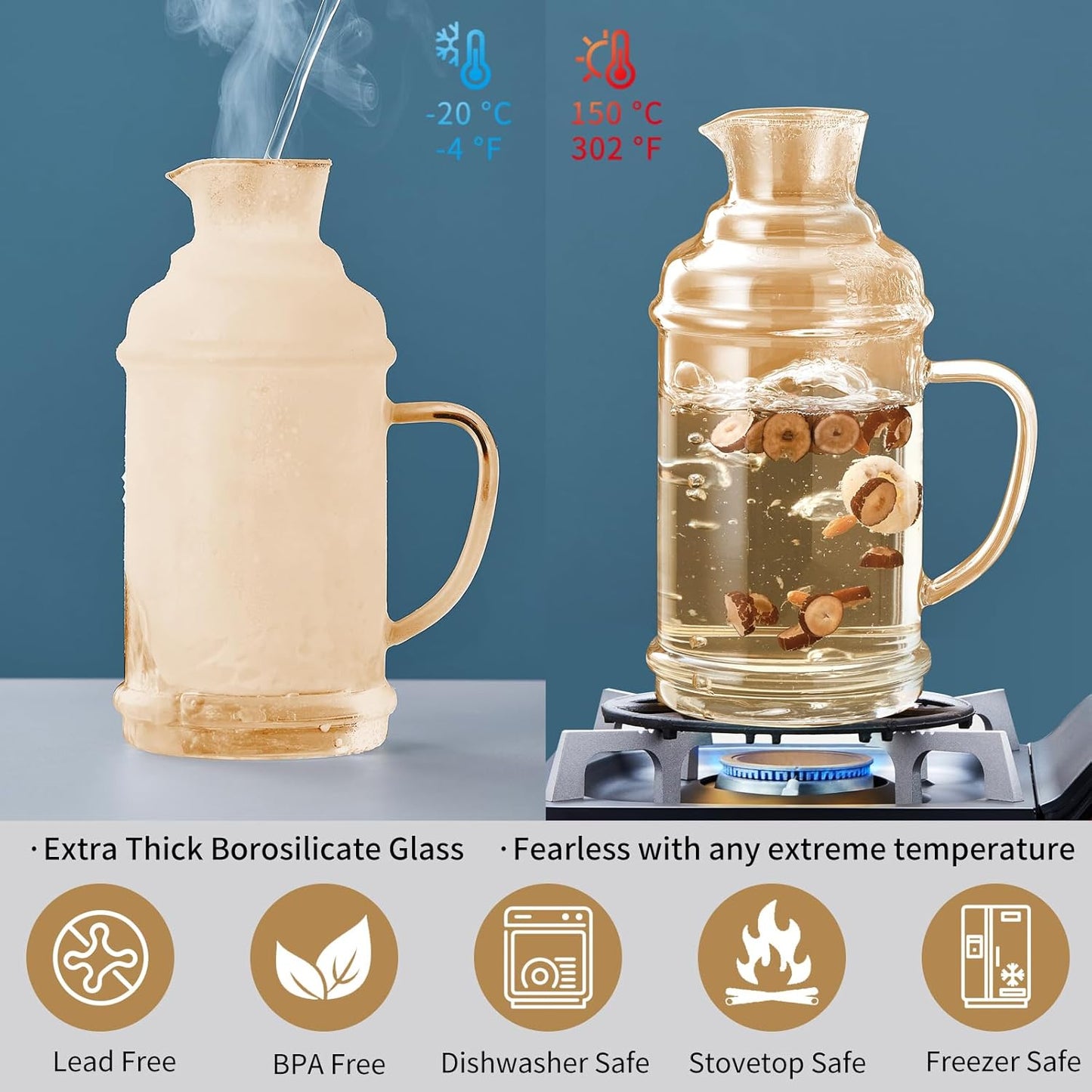 68OZ Glass Pitcher with Lid and Spout, Water Jug, 2000ml Carafe for Hot/Cold Water, Large Iced Tea Pitcher for Coffee, Juice and Homemade Beverage, Champagne