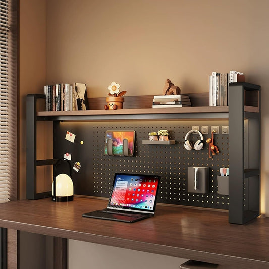 2-Tier Computer Desktop Bookshelf, Metal and Wood Desk Organizer Shelf with Pegboard, Small Freestanding Rack for Gaming, Study, and Display, for Home Office and Dorm