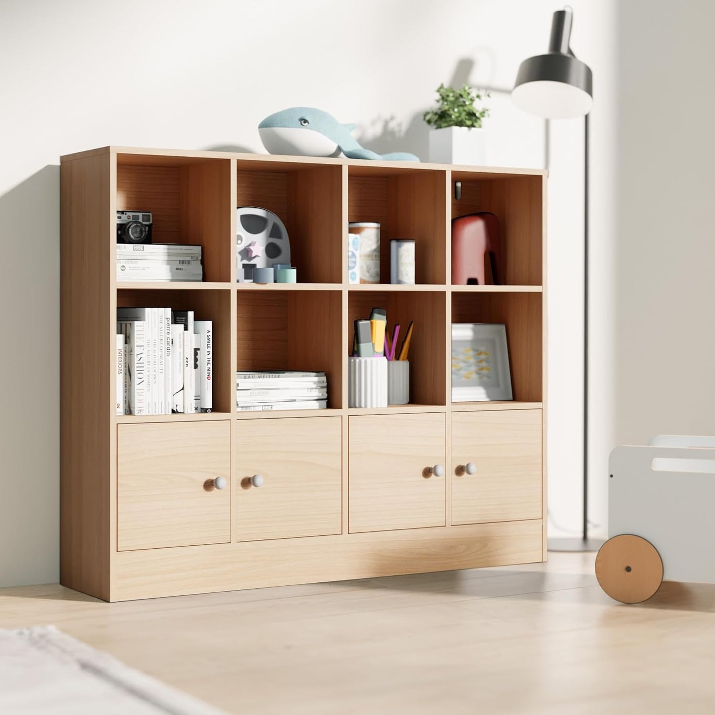 Cozy Castle Oak Wood Bookcase, 12 Cube Storage Organizer Shelf with 4 Doors, 3 Tier Storage Cabinet with Anti-Tilt Device for Bedroom, Living Room, Office