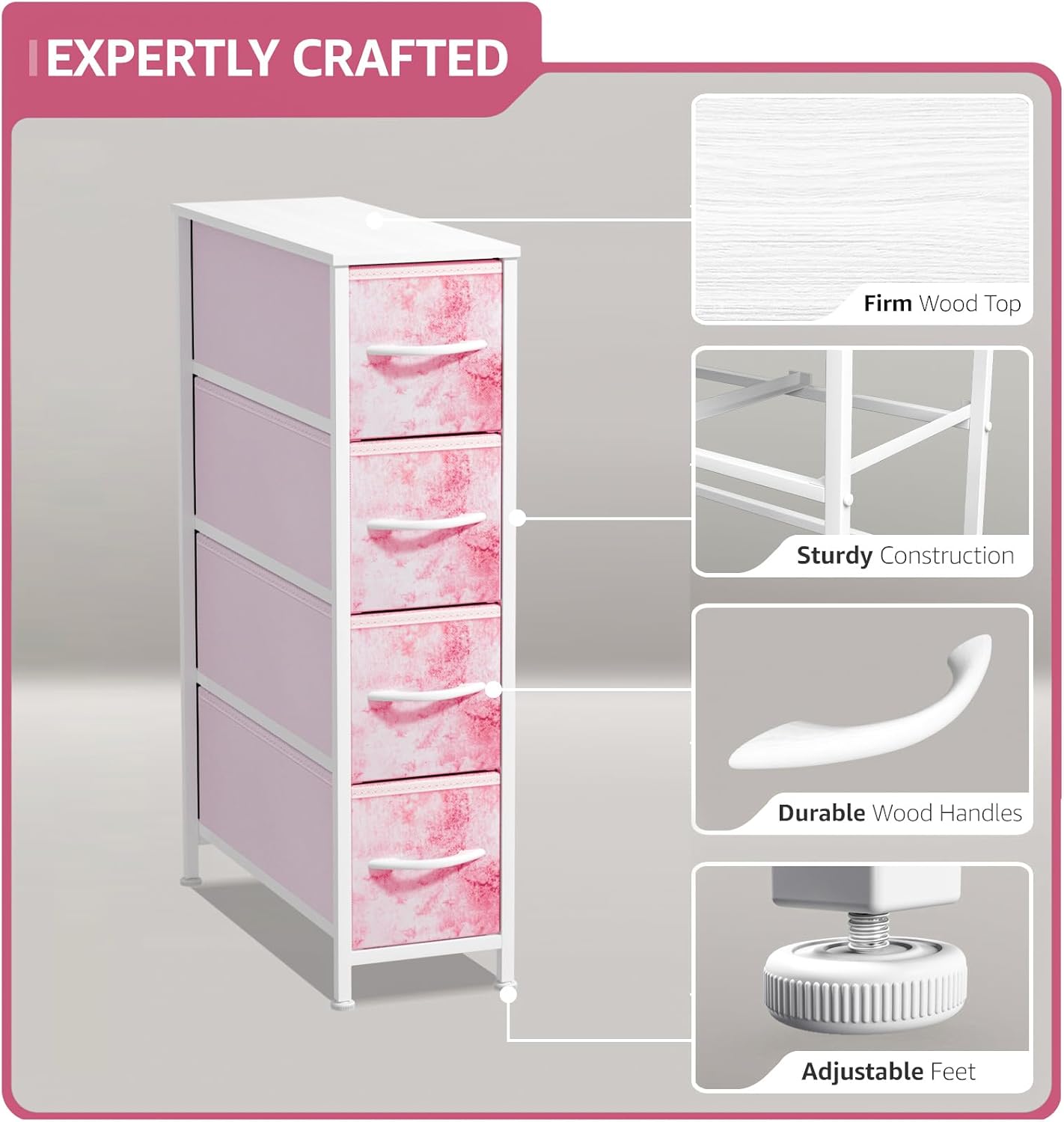 Sorbus Kids Narrow Dresser with 4 Drawers - Vertical Slim Storage Chest of Drawers with Steel Frame, Wood Top & Easy Pull Fabric Bins for Small Spaces, Closets, Bedroom, Bathroom & Laundry