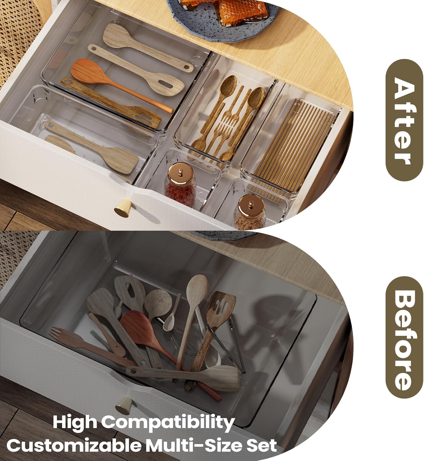 5 PCS Clear Plastic Drawer Organizer Set, 2 Sizes Acrylic Drawer Storage Trays Non Slip Storage Bins for Makeup, Jewelry, Gadgets for Kitchen, Bedroom, Bathroom, Office