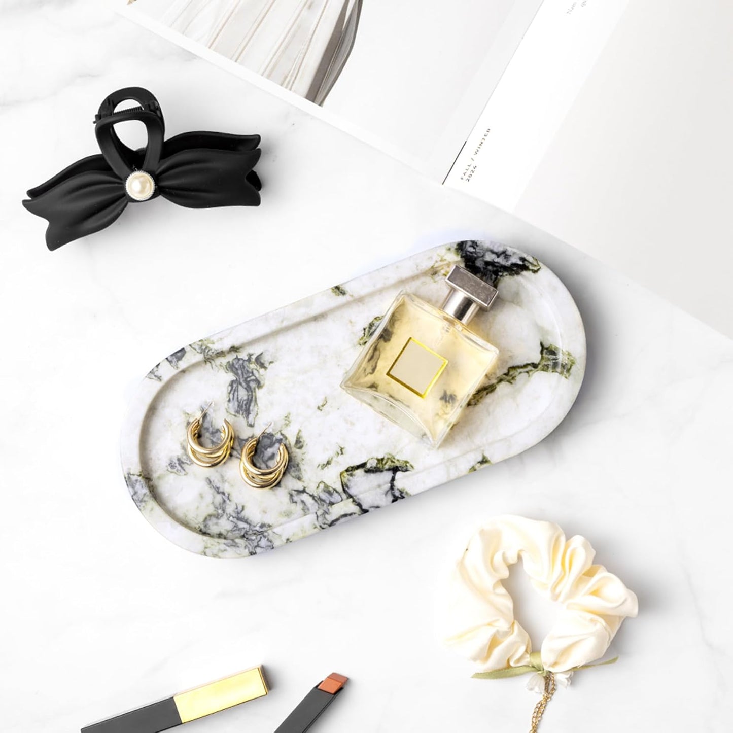 WORHE Natural Marble Vanity Tray Luxury Oval Stone Trays for Jewelry Perfume Candle, Calacatta Viola Decorative Dish for Bathroom,Bedroom,Dresser Countertop Storage Organizer for Home Decor (WH059)