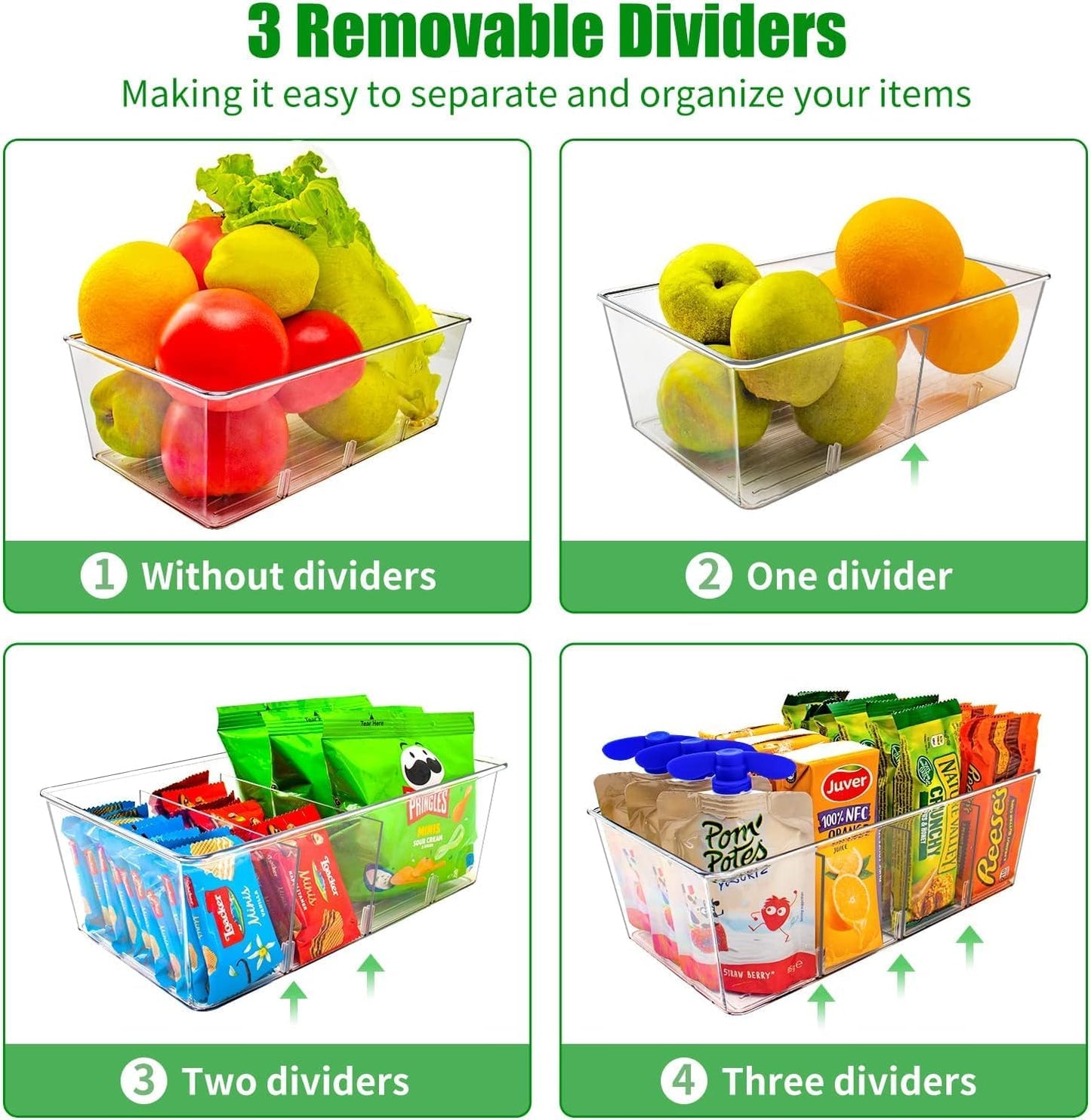 Pantry Organizers and Storage,Kitchen Organizers and Storage for Fridge,Drawer and Refrigerator - Spice Organization for Cabinet,Clear Plastic Stackable Organizer Bins with 3 Dividers (7 Pcs)