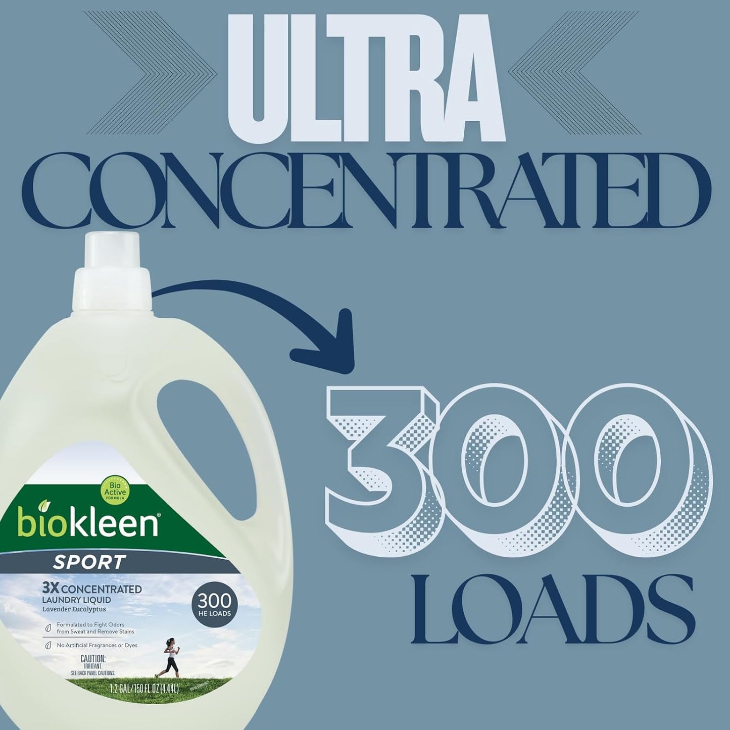 Biokleen Natural Sport 3X Concentrated Laundry Detergent, 300 Loads, Bio Active Formula, Fight Odors, Sweat & Stain Remover, Lavender Eucalyptus Scent