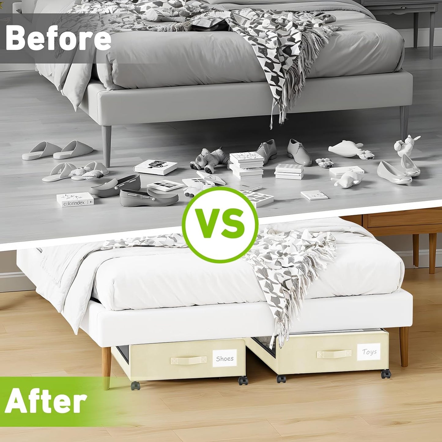 Under Bed Storage with Wheels, 2-Pack Underbed Storage Containers with Clear Lids, Under Bed Shoe Storage Organizer, Rolling Under Bed Storage for Clothes Shoes Blankets (Beige)