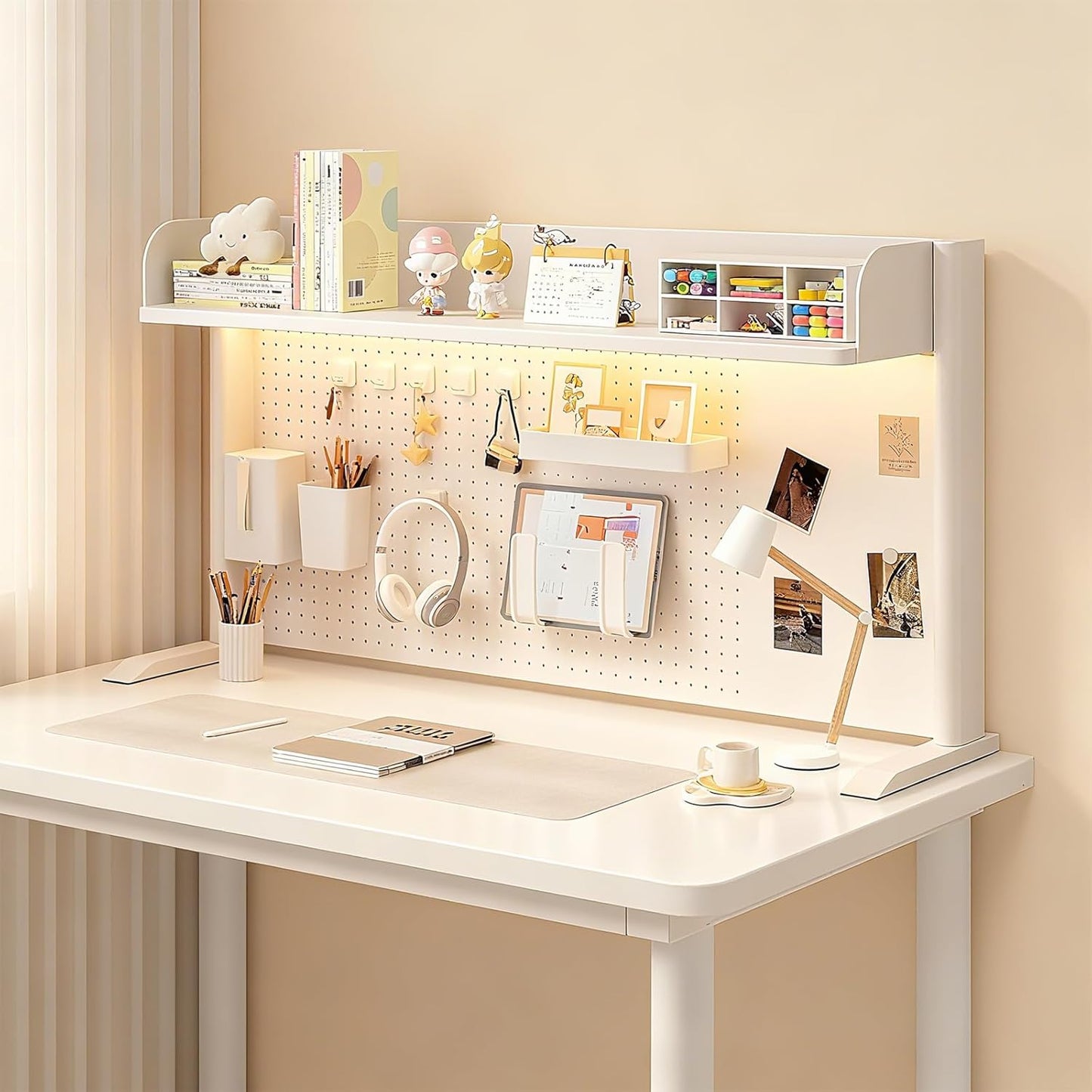 Desk Organizer Shelf for Standing Desk – Metal Frame Desk Hutch with Pegboard, Storage Shelf, and Hooks, Space-Saving Desktop Organizer for Home Office & Workstation White 39.4 * 9.3 * 24.8in