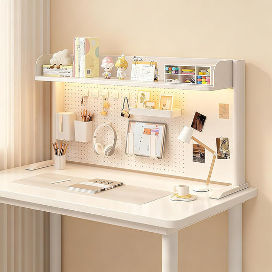 Desk Organizer Shelf for Standing Desk – Metal Frame Desk Hutch with Pegboard, Storage Shelf, and Hooks, Space-Saving Desktop Organizer for Home Office & Workstation White 39.4 * 9.3 * 24.8in