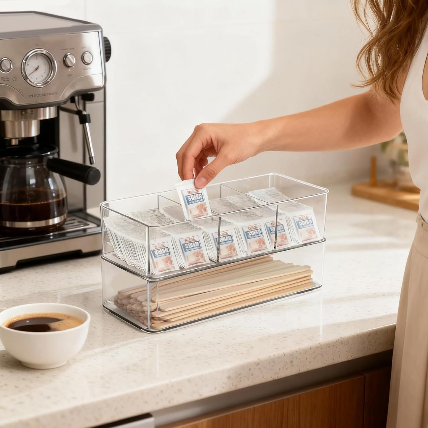 Sugar Packet Holder for Coffee Bar, Plastic Packet And Tea Bag Organizer, 1tier 3-Section And A Rectangular With Lid for Tea Bags Holder for Pantry, Cabinet, Countertop & Coffee Station