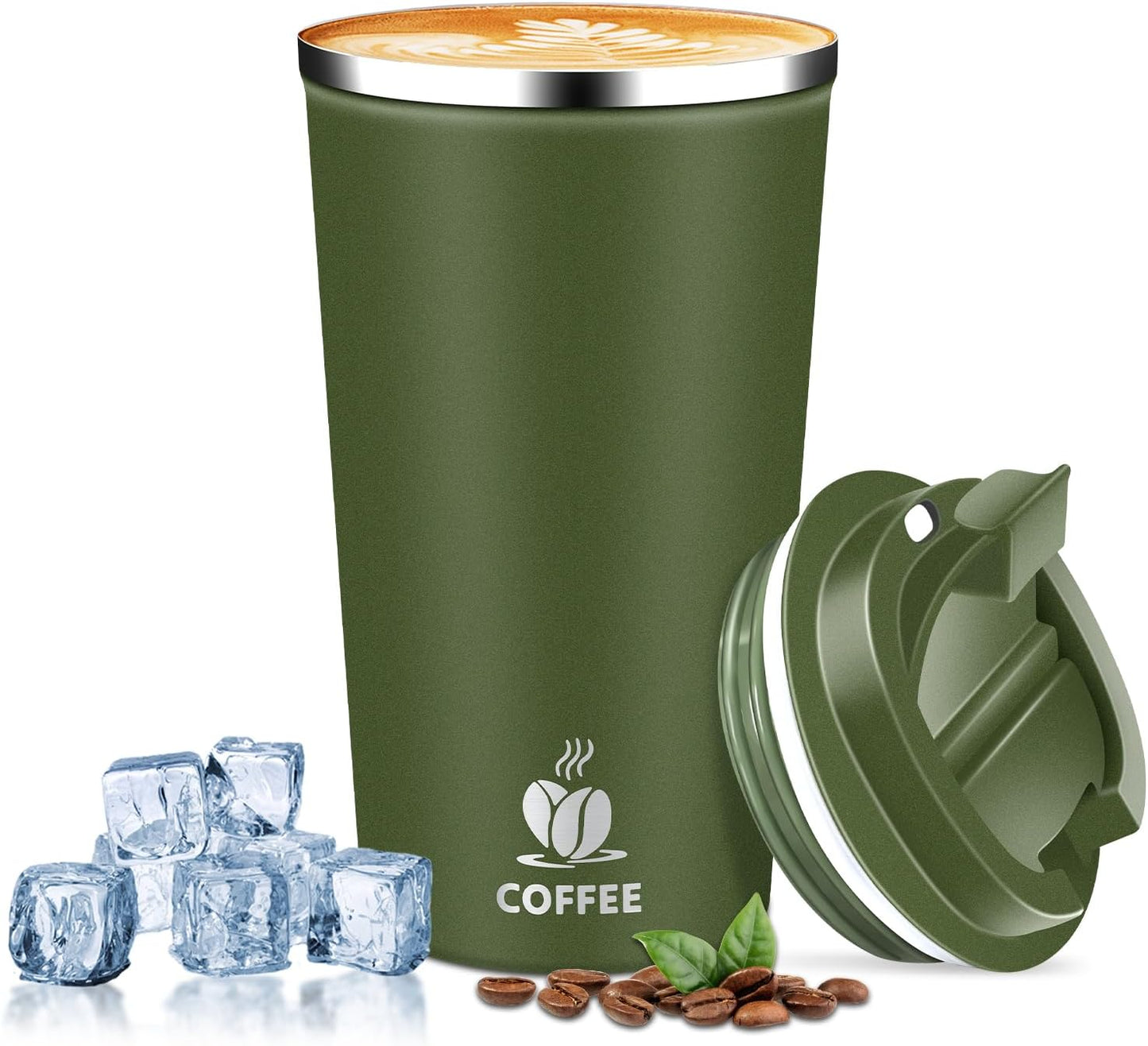 Insulated Travel Coffee Mug Reusable Coffee Tumbler Cup with Flip Lid Leak Proof Spill Proof for Office School Party Camping Hot and Cold Drink,Stainless Steel 17oz (Army Green)