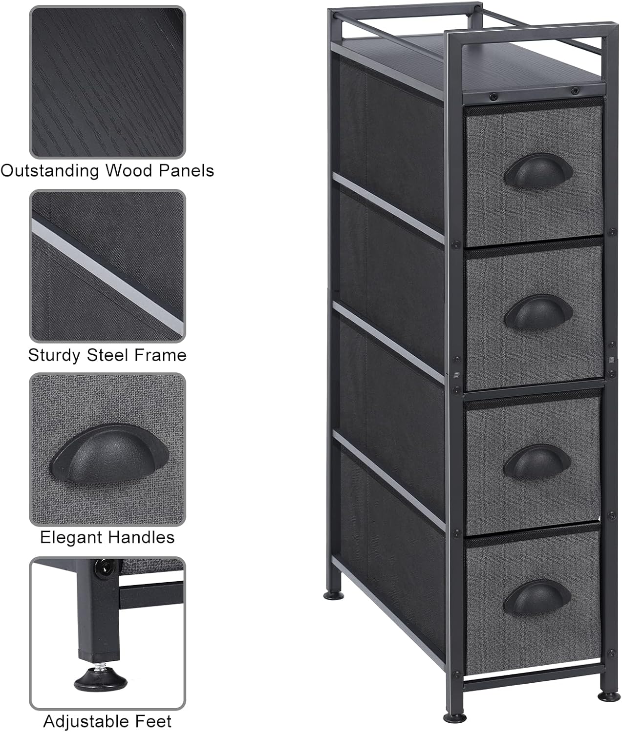 HAITRAL Narrow Dresser - 4 Drawers Slim Fabric Storage Cabinet - Vertical Standing Storage Chest - Gaps Tower Organizer with Removable Drawers and Wooden top for Laundry,Closet,Living Room,Entryway