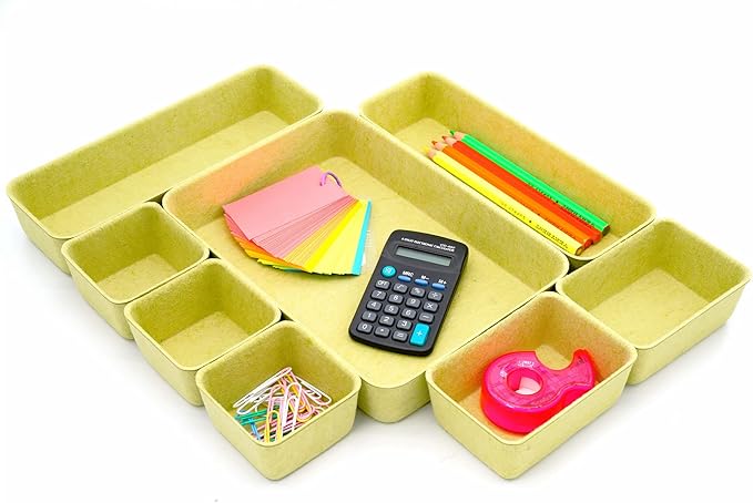 Welaxy Drawer organizers trays Felt storage bin home office Desk Minimalist Lifestyle Natural Shallow Box 8-Piece holiday gift solution (Linden green)