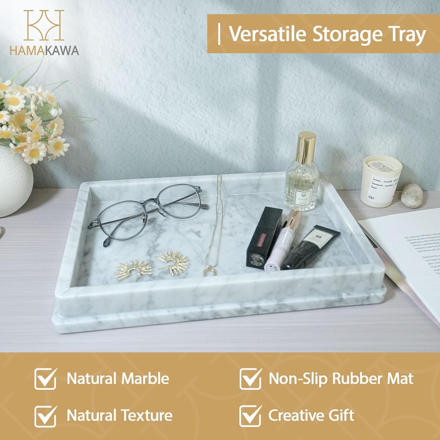 Natural Marble Rectangle Sink Tray L 12 x W 8 x H 1.37 Inch, Carrara White Limestone Bathroom Vanity Tray, Modern Countertop Organizer, for Soap Dispenser, Kitchen, Home Decor