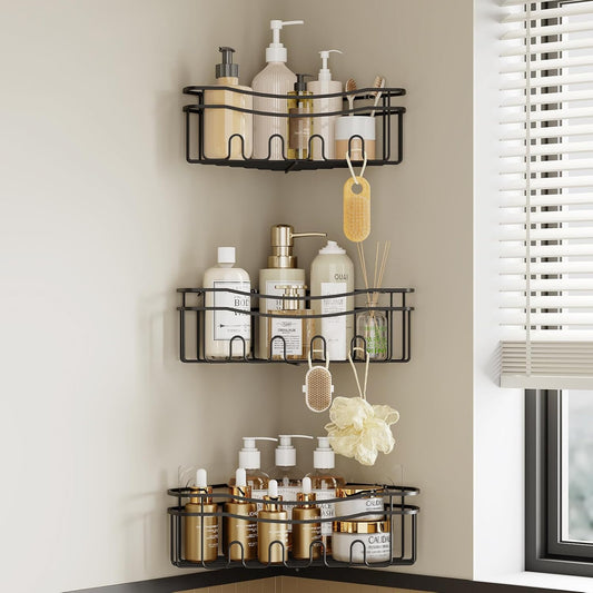 Black corner shower caddy with depth caddy and Built in 12 hooks rustproof wall mounted No drilling No marring adhesive bathtub corner storage for bathroom kitchen and laudry room