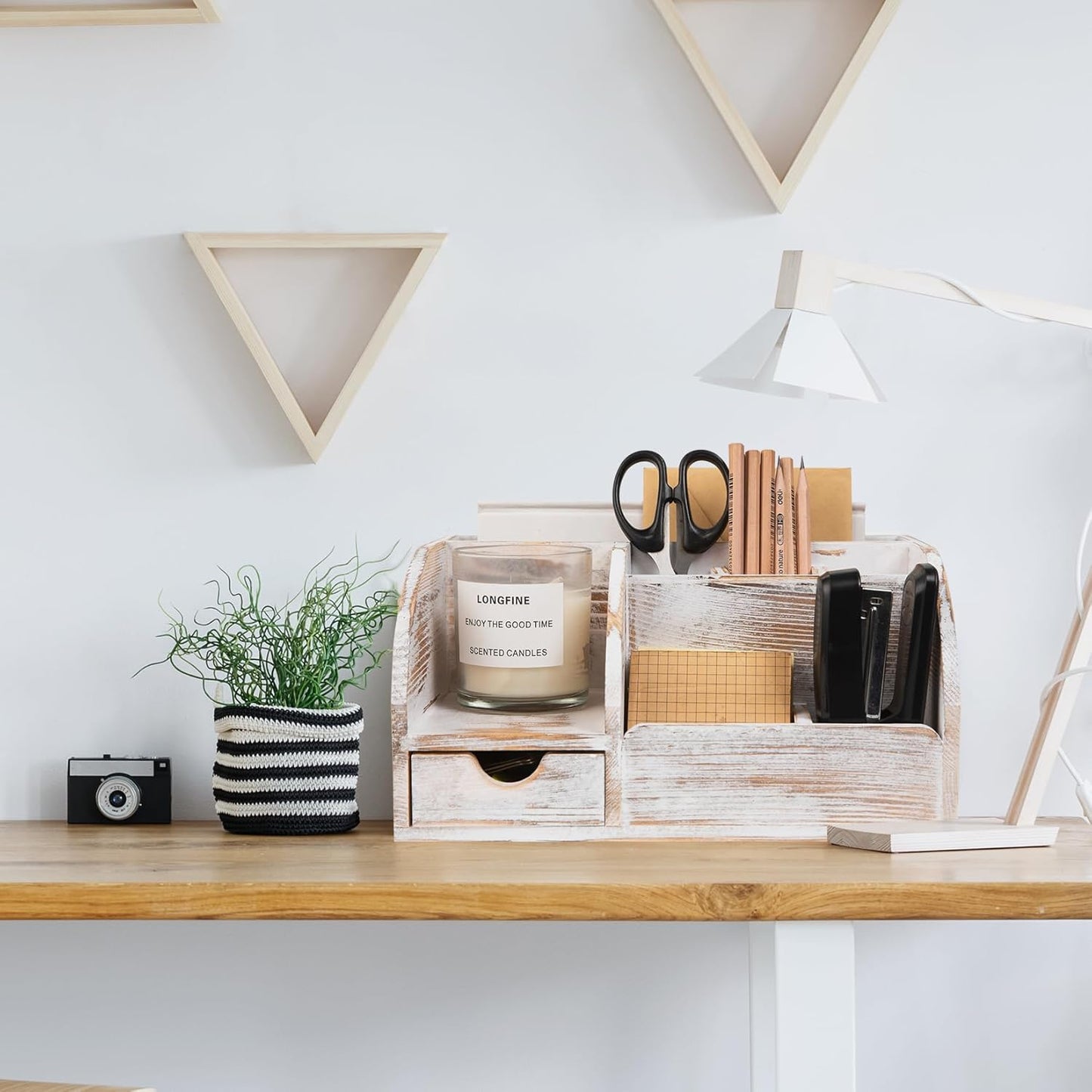 VERGOODR Office Desk Drawer Supply Organizer and Accessories, Wood Desk Organizer with 6 Compartments & 1 Drawer Binders Folder Papers Holder Pen Holder Office Desktop File Organizer (Washed white)