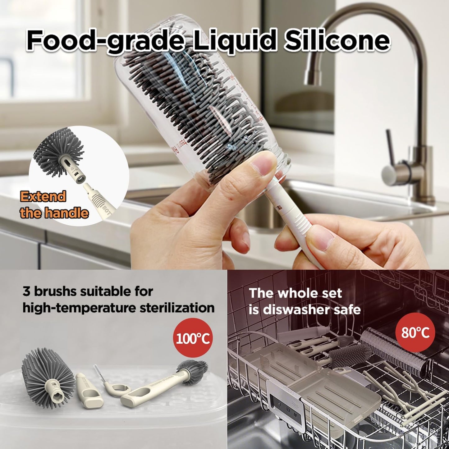 YOTIME Travel Bottle Brush Set, Auto-Open Rack & Vertical Brushs Drying Slots, 3 Brushes, Foldable Drying Rack, Dispenser, Travel Baby Essentials for On-The-Go Parents, Coffee