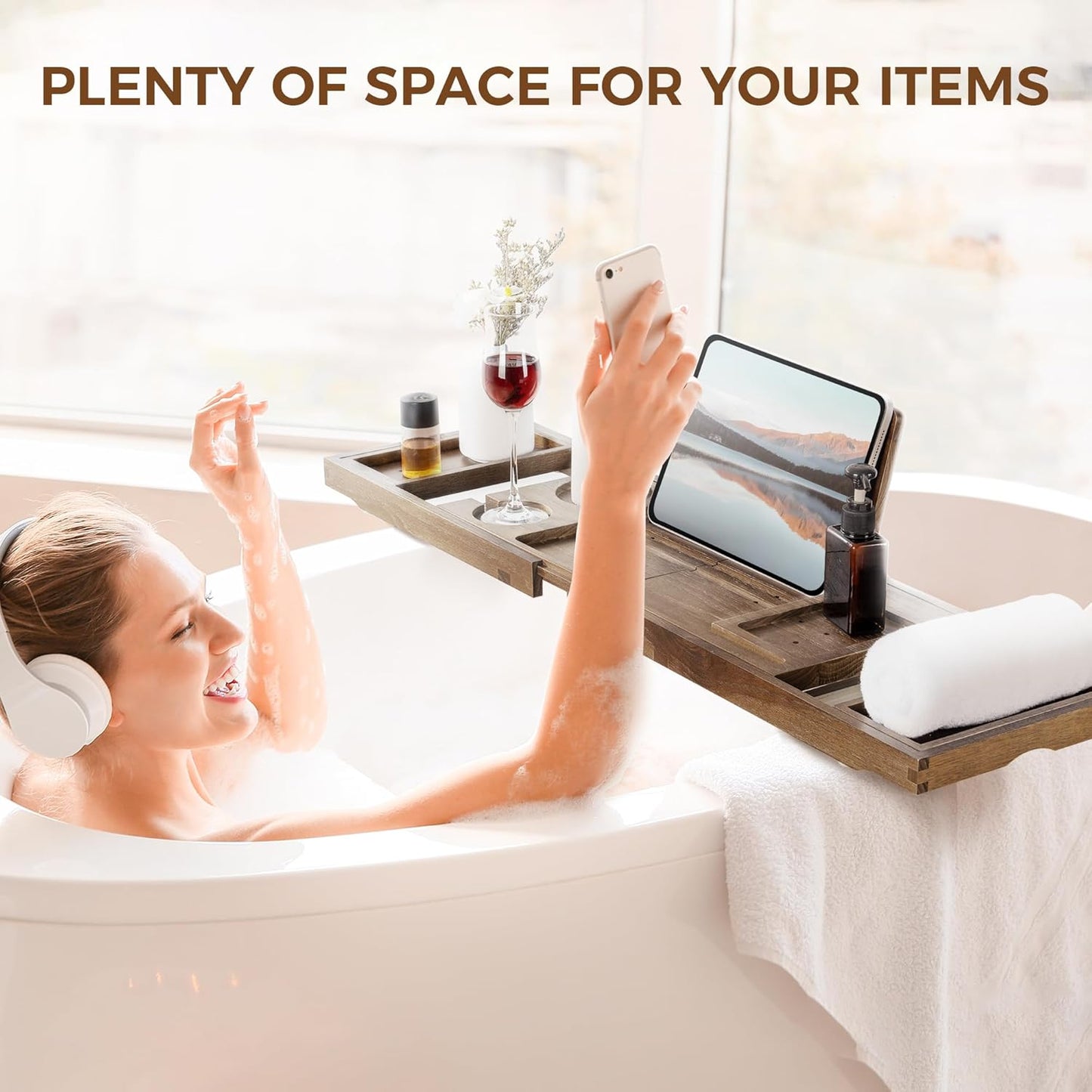 Teak Bathtub Tray - Luxury Bath Tray with Expandable Handles, Wine Glass and Phone Holders, Book Stand - Perfect for Home Spa Relaxation and Reading - Natural Bath Accessories - Dark Walnut Color