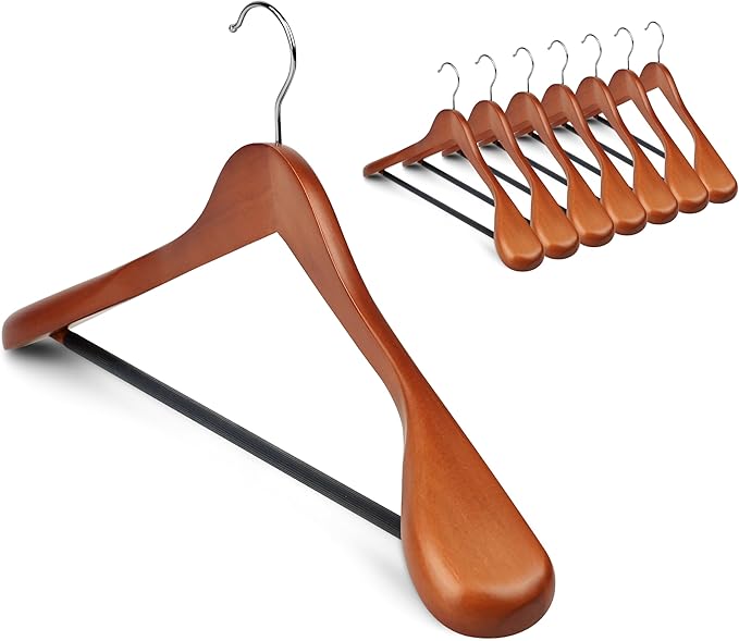 Coat Hanger 8-Pack, MEQUTION Wood Hangers Trouser Hangers Extra Wide Shoulder Wooden Hangers for Heavy Coat, Sweater, Skirt, Suit, Pants, Retro Finish (Walnut)