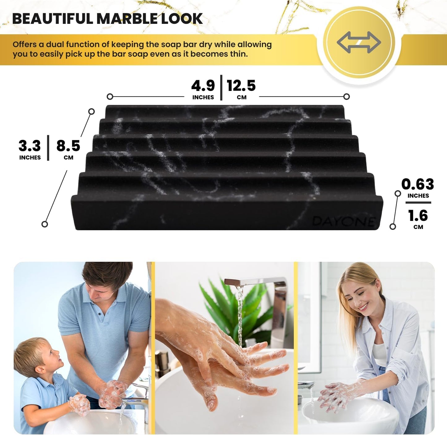 DAYONE Holder with Marble Look - Soap Dish with Soap Saver Ridges Rectangle Bar Soap Holder with Non Slip Feet - Soap Tray for Bathroom, Sink, Kitchen, and SPA (Black)