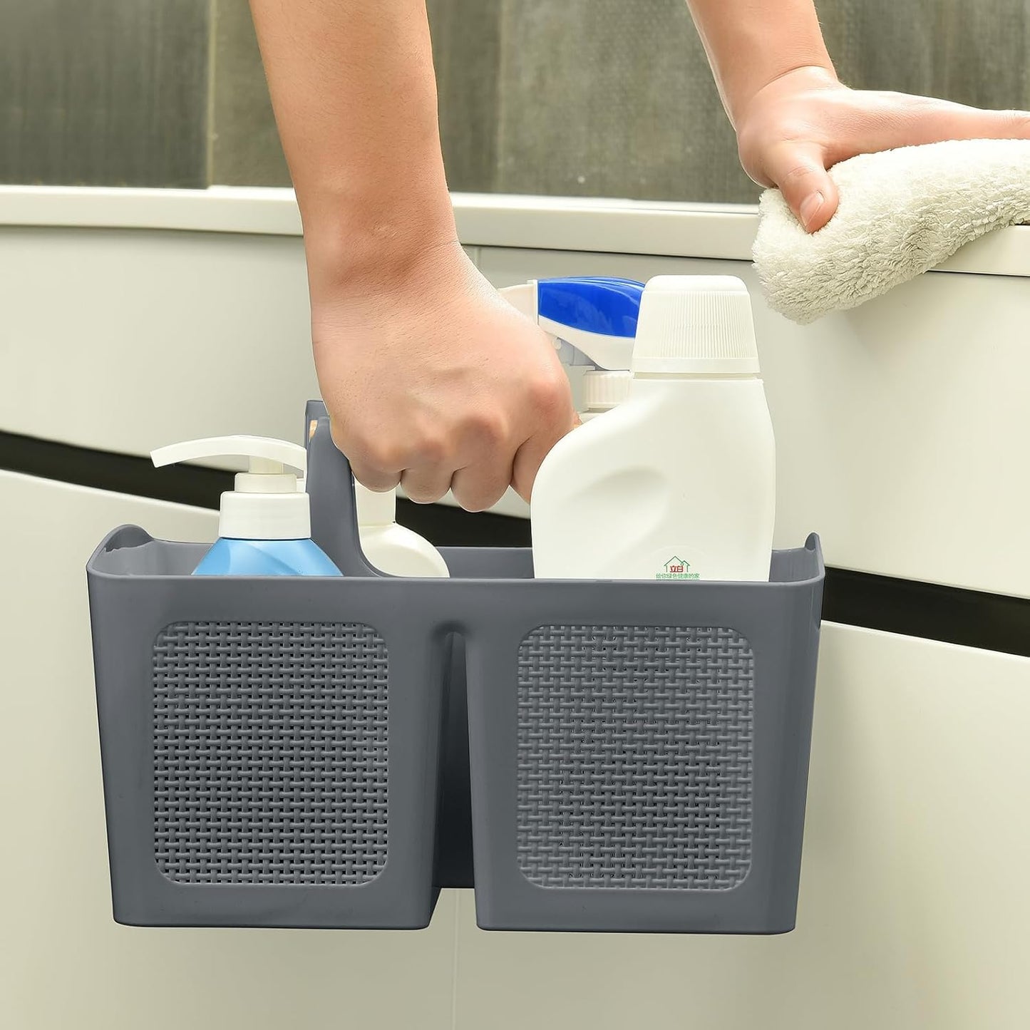 ALINK Portable Shower Caddy Basket with Compartments, Plastic Divided Cleaning Caddy Organizer Storage Tote with Handle for Bathroom, College, Dorm Room Essentials, Dark Gray