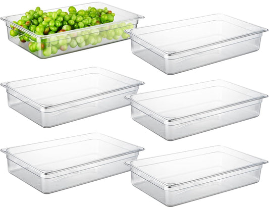 CURTA 6 Pack NSF Food Pans, Full Size 4 Inch Deep, Commercial Polycarbonate Plastic Clear Freezer-Safe