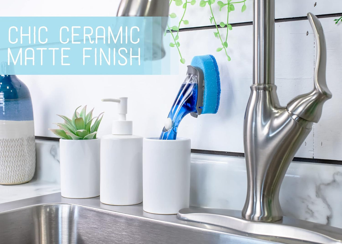 NAT & Jules Chic Modern Rounded 4.5 inch Ceramic Bathroom Accessories Set of 4 - Home Décor & Organization Perfect for Bath or Kitchen Household Essentials, Matte White